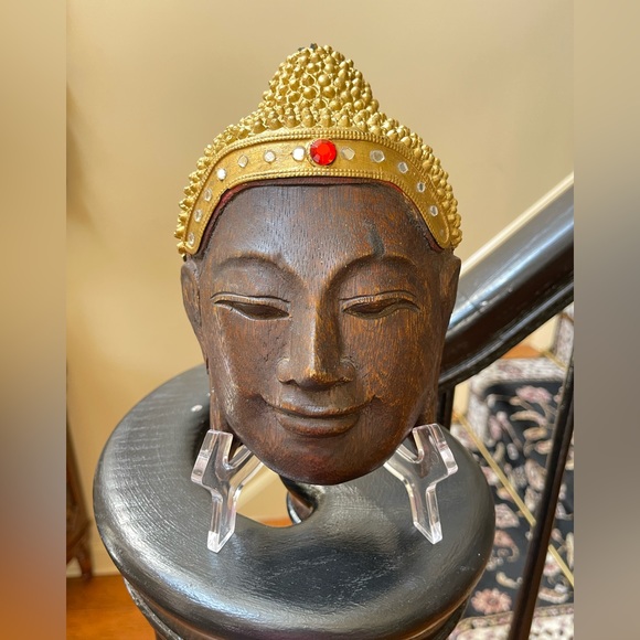 Buddha Thai Hardwood Solid Wood Carved Face Head Wall Hanging Gold 8